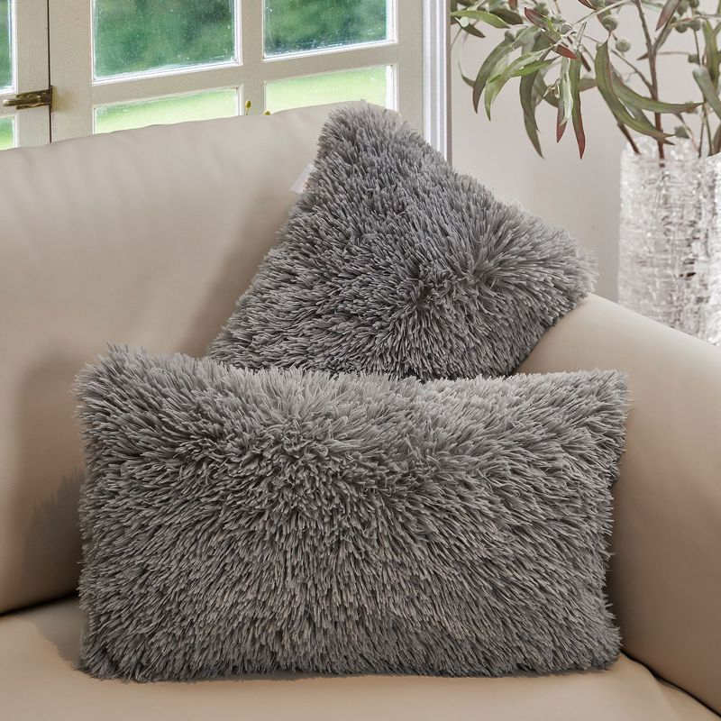 Cheer Collection Super Soft Shaggy Long Hair Throw Pillows Set of 2 - Silver (12" x 20")