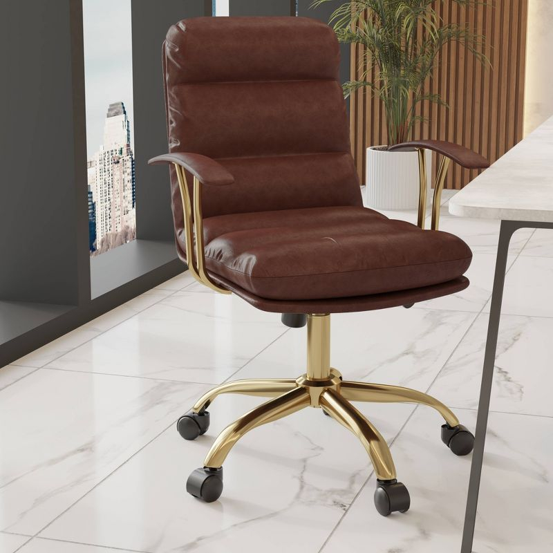 LeisureMod Regina Single Ergonomic Padded Leather Lumbar Support Adjustable Height Swivel Executive Office Chair with Gold Steel Frame