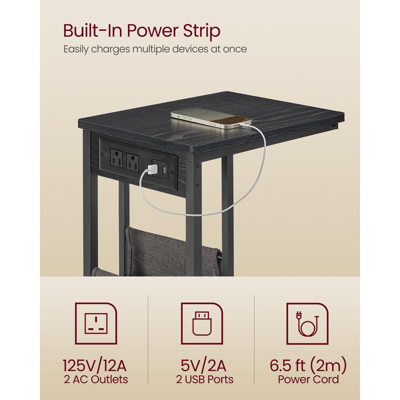 VASAGLE C-Shaped Side Table, End Table with Charging Station, 2 USB Ports and Outlets, C Table for Couch, Sofa, with Storage Bag, Ebony Black