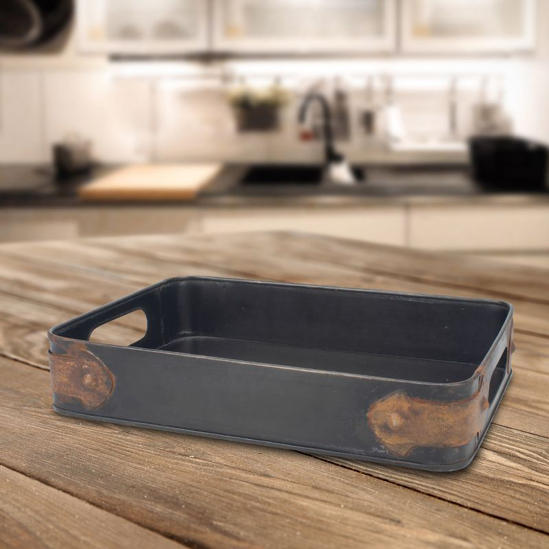 Slate Steel Tray with Rust Trim - Brown - Stonebriar Collection: Industrial Serving Platter for Dining & Office Decor