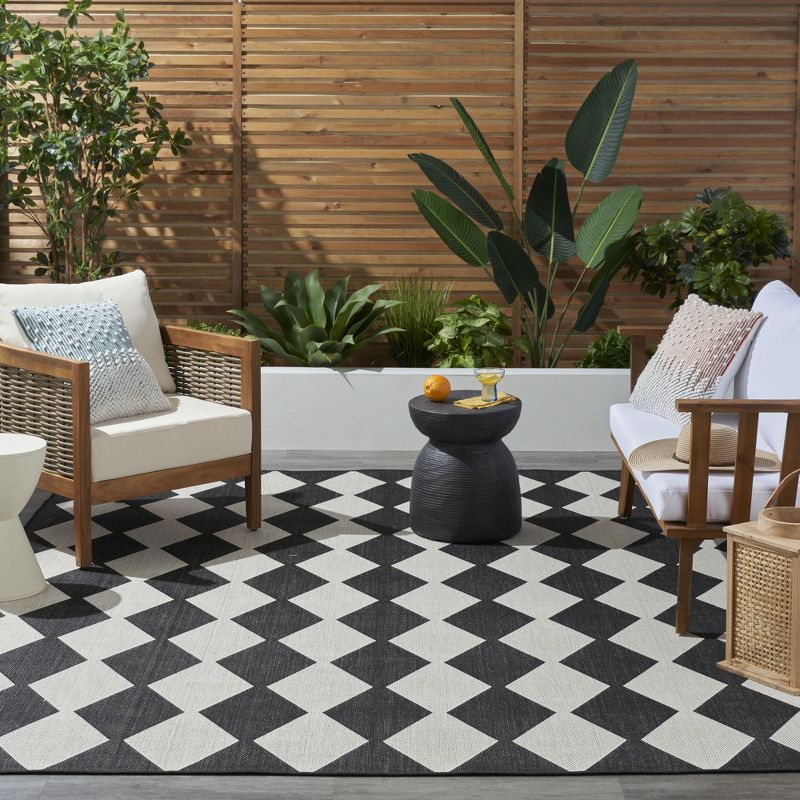 Nourison Positano Retro Diamond Flatweave Indoor Outdoor Low Pile Area Rug Black 8' x 10'