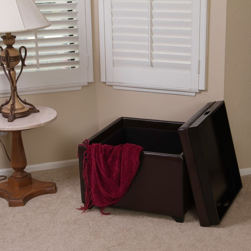 Wellington Leather Tray Top Storage Ottoman Brown - Christopher Knight Home: Footstool, Hardwood Frame