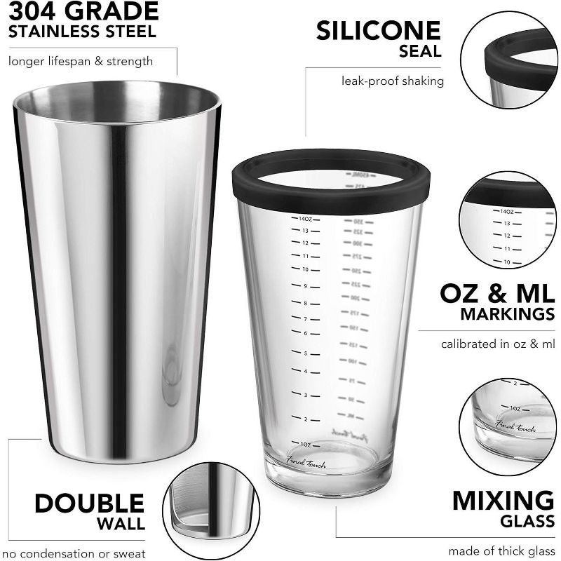 Final Touch Double Wall Boston Shaker with Silicone Seal and Measurements