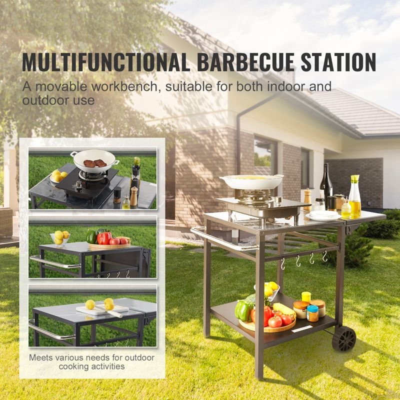 VEVOR Outdoor Grill Dining Cart with Double-Shelf, BBQ Movable Food Prep Table, Multifunctional Foldable Iron Table Top, Portable Modular Carts