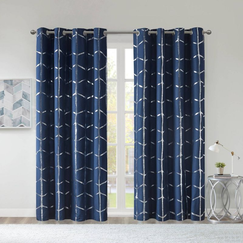 63"x50" Arielle Total Blackout Metallic Printed Curtain Panel Navy: Intelligent Design, Geometric Grommet Top, Energy Efficient