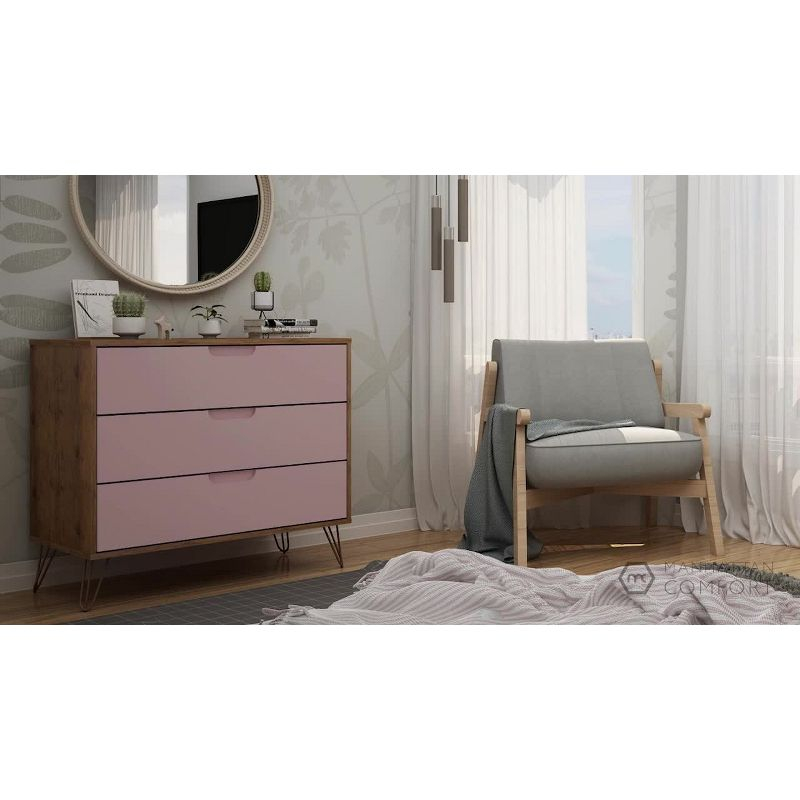 Set of 2 Rockefeller 3 Drawer Dresser Nature/Rose Pink - Manhattan Comfort: MDF Bedroom Storage, Easy-Glide, 6 Drawers