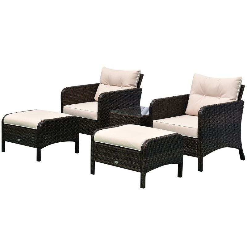 Outsunny 5 Piece Rattan Wicker Lounge Chair, Outdoor Patio Conversation Set with 2 Cushioned Chairs, 2 Ottomans & Top Coffee Table, Brown