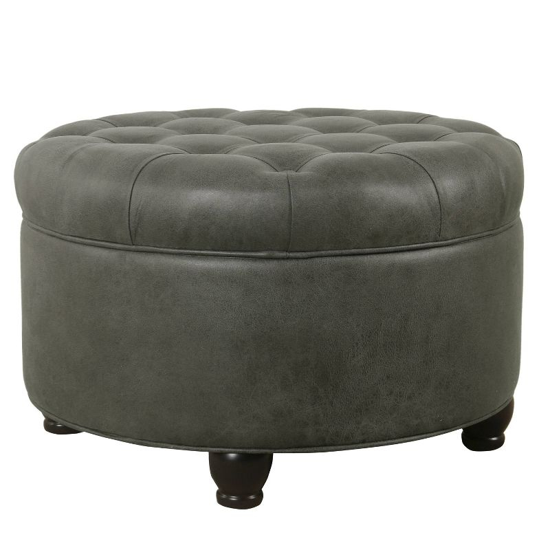 Large Tufted Round Storage Ottoman Faux Leather Gray - HomePop: Modern Upholstered Bench with Hardwood Frame
