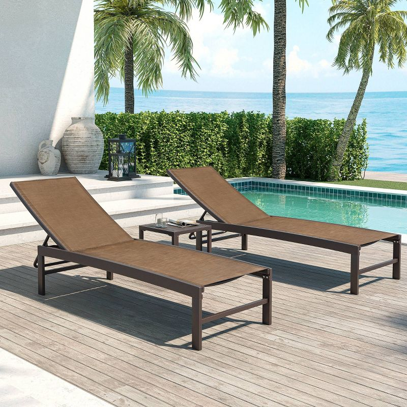 3pc Outdoor Five Position Adjustable Curved Aluminum Lounge Set Brown - Crestlive Products: Weather-Resistant Patio Furniture Set with Side Table