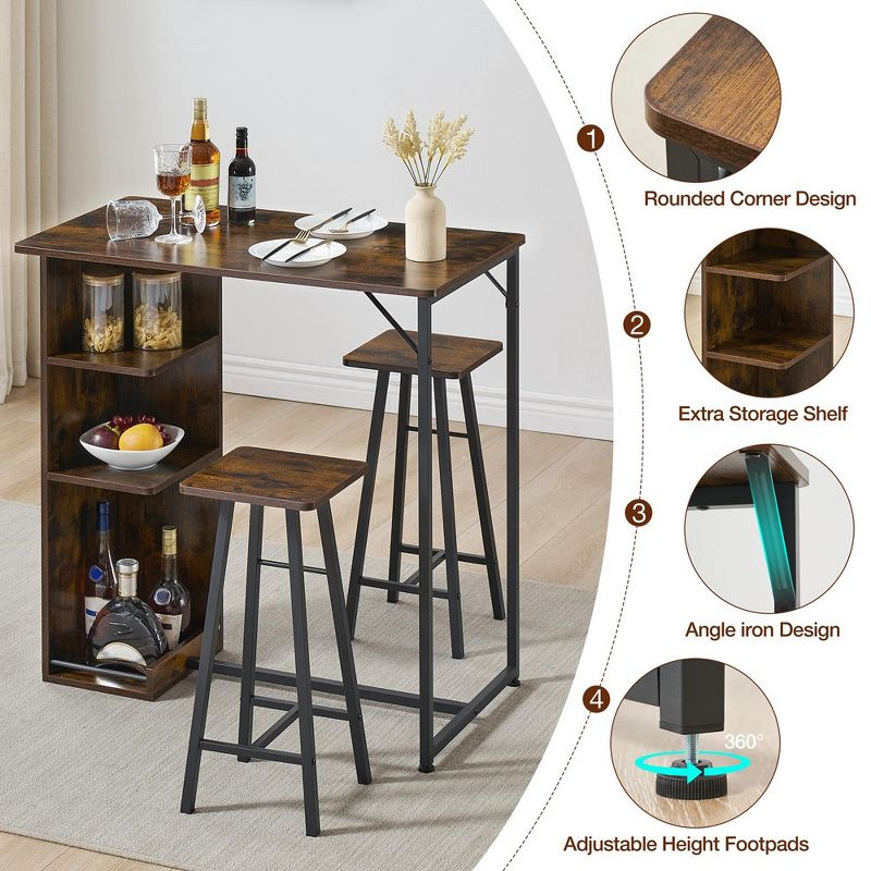 Garvee Small Bar Table and Chairs Set for 2, 3-Piece Bar Table Set with 3 Tier Storage Shelves, Space Saving Table for Small Apartment, Living Room