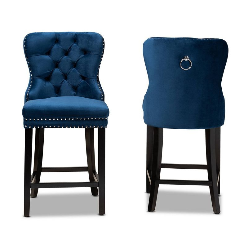 2pc Howell Modern Velvet Upholstered Wood Counter Height Barstool Set Blue/Brown - Baxton Studio: Polyester, Fixed Height