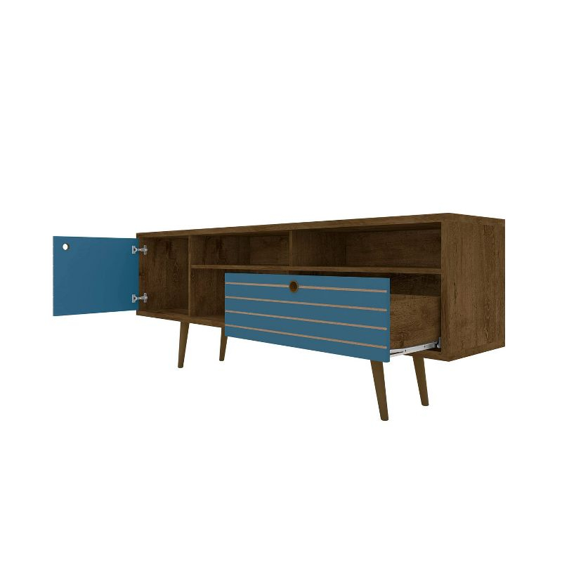 Liberty 3 Shelf and 1 Drawer TV Stand for TVs up to 65" Rustic Brown/Aqua Blue - Manhattan Comfort: Entertainment Center with Cable Management