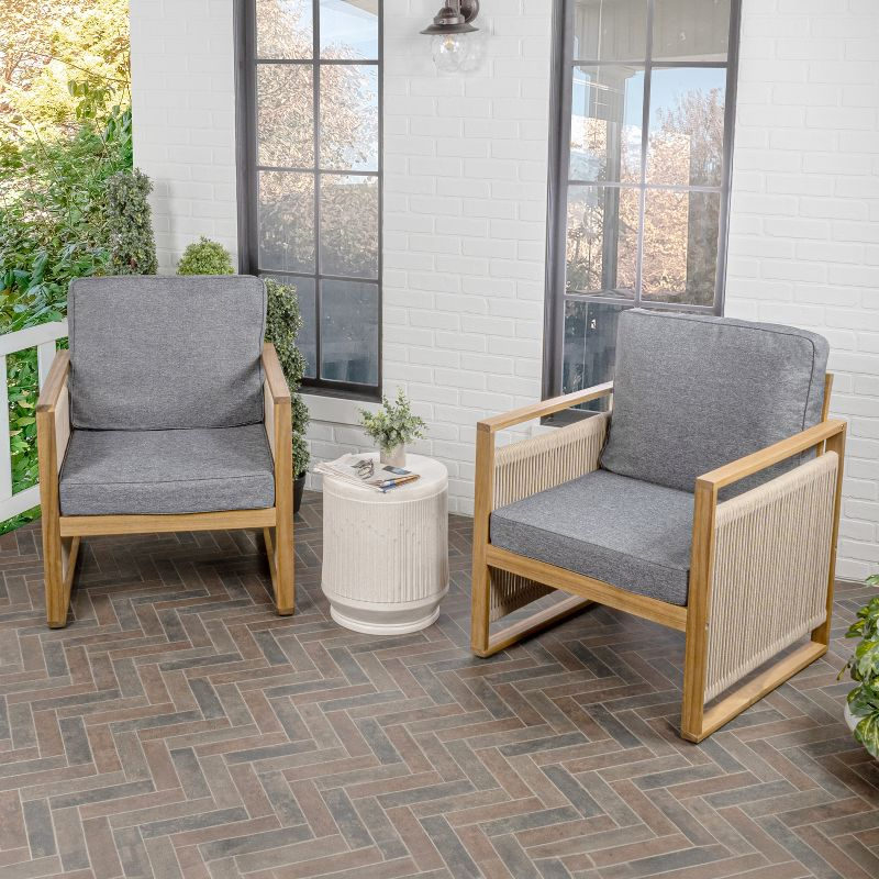 Gable Mid-Century Modern Roped Acacia Wood Outdoor Patio Chair with Cushions, Gray/Teak Brown (Set of 2) - JONATHAN Y
