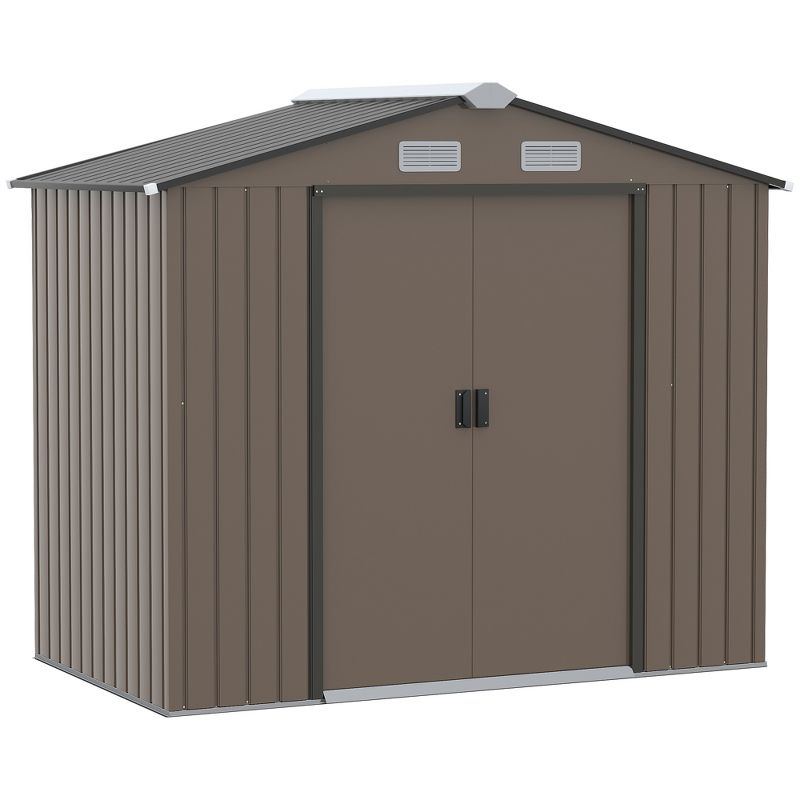 Outsunny 7' x 4' Metal Storage Shed Organizer, Garden Tool House with 4 Vents and 2 Sliding Doors for Backyard, Patio, Garage, Lawn, Brown