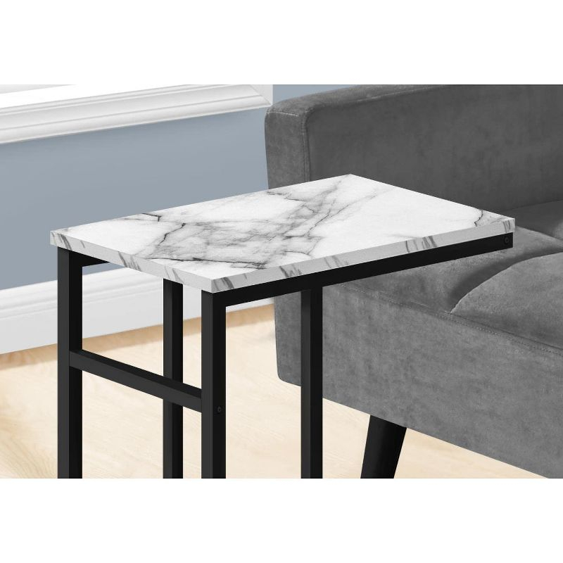 Monarch Specialties Accent Table, C-shaped, End, Side, Snack, Living Room, Bedroom, White Marble Look Laminate, Black Metal, Contemporary, Modern