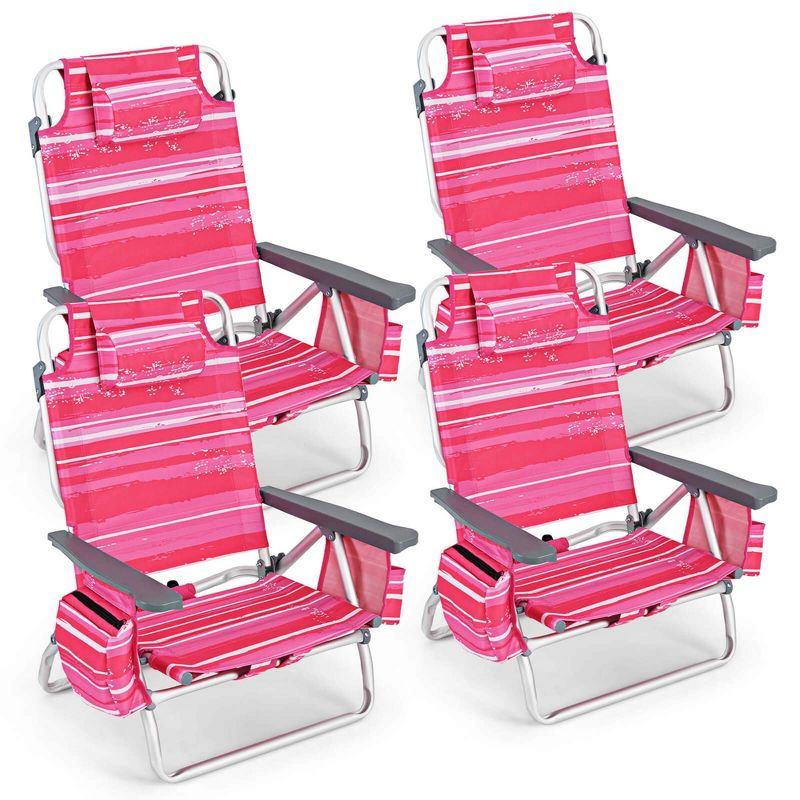 Costway 4-Pack Folding Backpack Beach Chair 5-Position Outdoor Reclining Chairs with Pillow Dark Pink