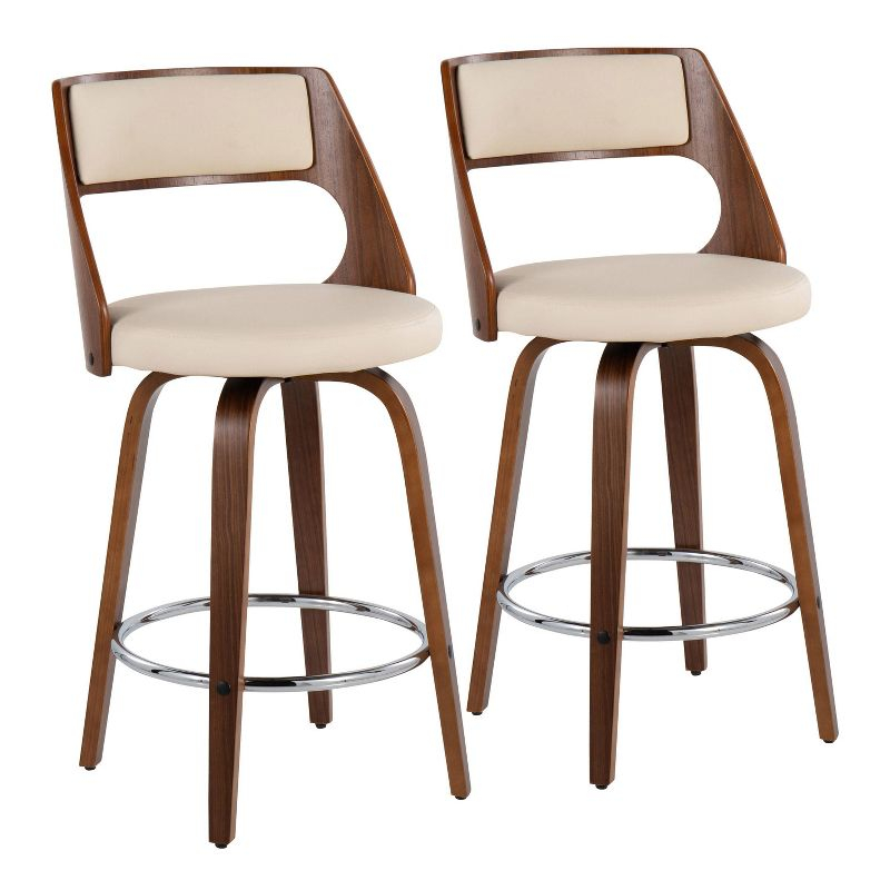 LumiSource Set of 2 Cecina Upholstered Counter Height Barstools Cream/Walnut : Swivel, Faux Leather, Wood Legs