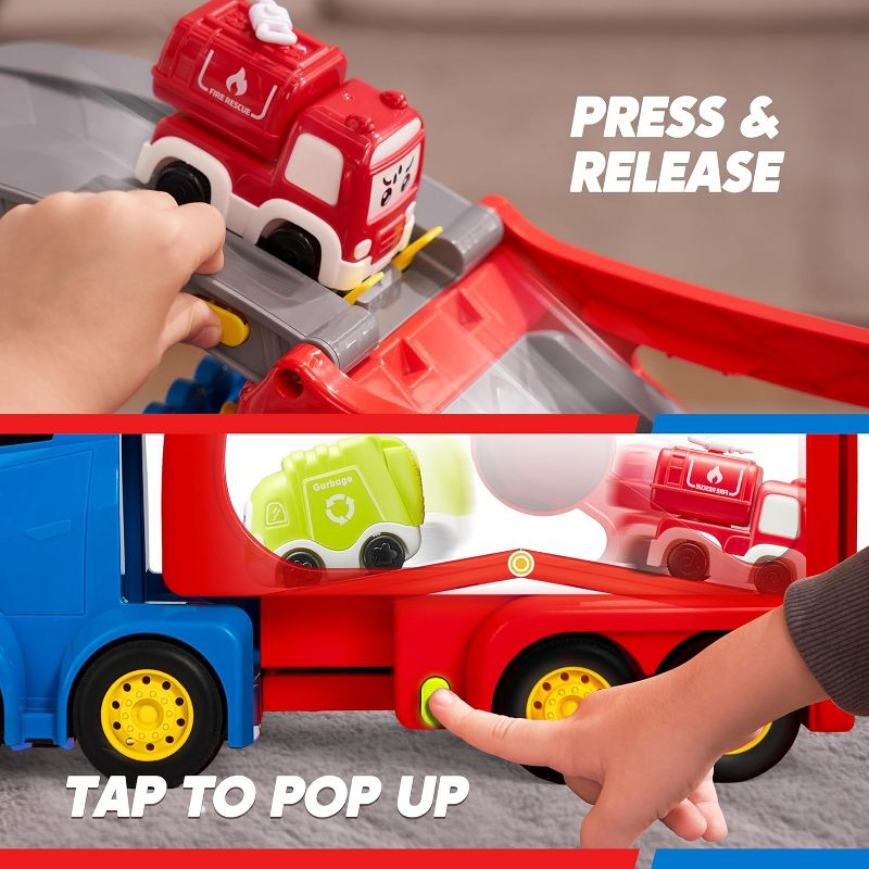 Joyfy 7-in-1 Extra Large City Truck Toys, 17” Big Transport Carrier Truck with Sounds and Lights, Easter Birthday Gifts for Boys Girls 3+ Years Old