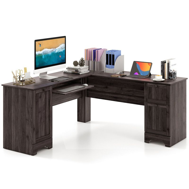 Costway 66.5'' L Shaped Home Office Desk Corner Computer Desk Keyboard Tray Dark Brown