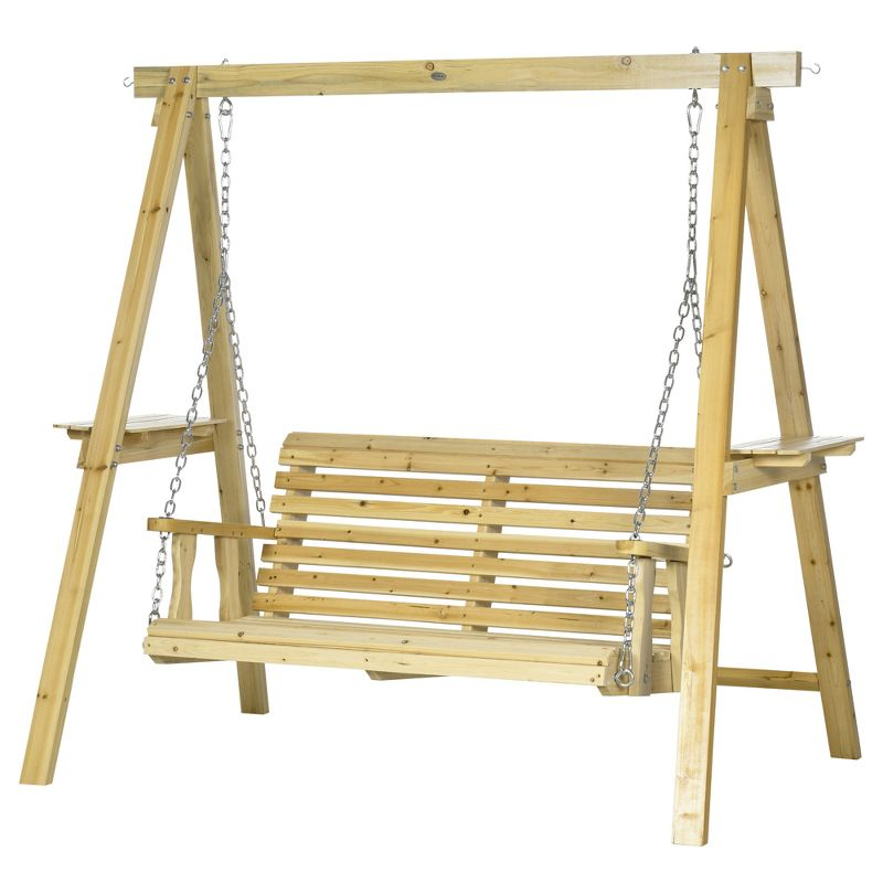 Outsunny 2-Seat Outdoor Swing Chair, Porch Swing with Stand and Side Tables, for Garden, Poolside, Backyard, Natural