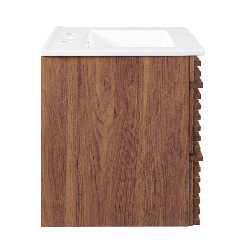 Modway Render 24" Wall-Mount Bathroom Vanity – Mid-Century Modern Floating Sink Cabinet in Walnut and White Finish