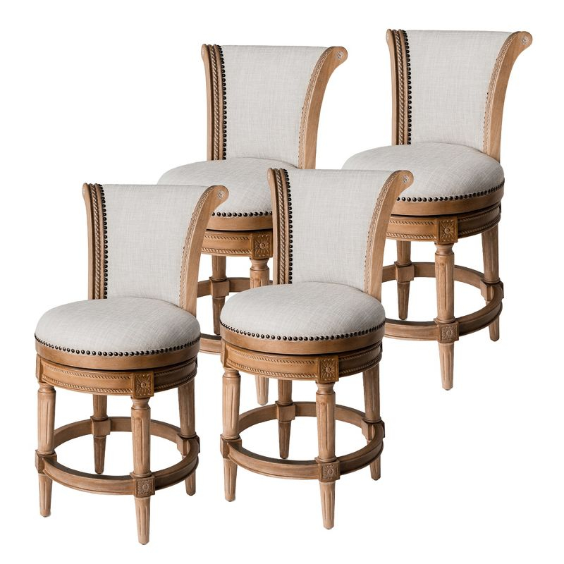 Maven Lane Pullman 26 Inch Tall Counter Height Upholstered Barstool with Back in Weathered Oak Finish with Sand Color Fabric Cushion Seat, Set of 4
