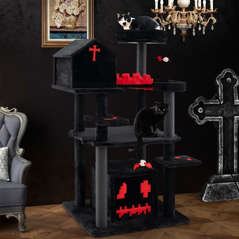 Tangkula Gothic Cat Tree 49" Tall Cat Tower w/ Coffin Bed & 2 Condos & Cozy Perch