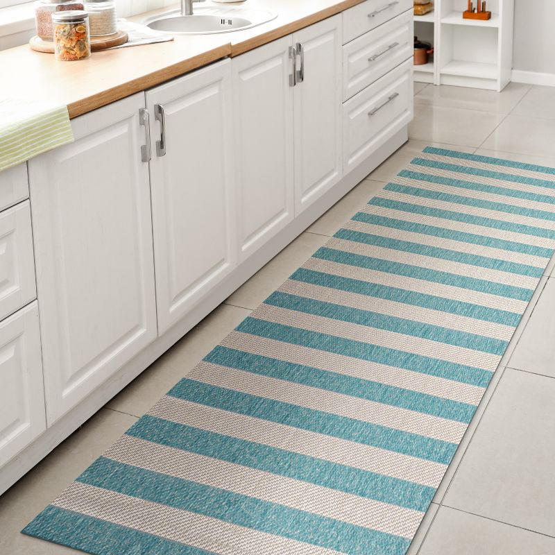 2' x 8' Negril Two-Tone Wide Stripe Indoor/Outdoor Runner Rug, Aqua/Cream - JONATHAN Y
