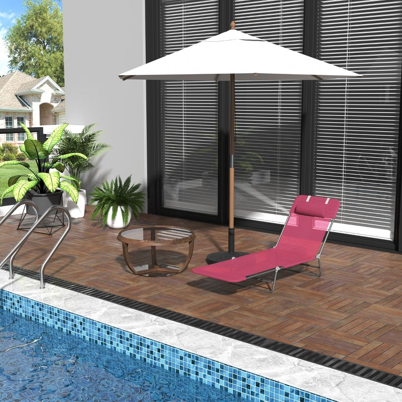 Outsunny Foldable Outdoor Chaise Lounge Chair, 5-Level Reclining Camping Tanning Chair with Breathable Mesh Fabric and Headrest, Pink