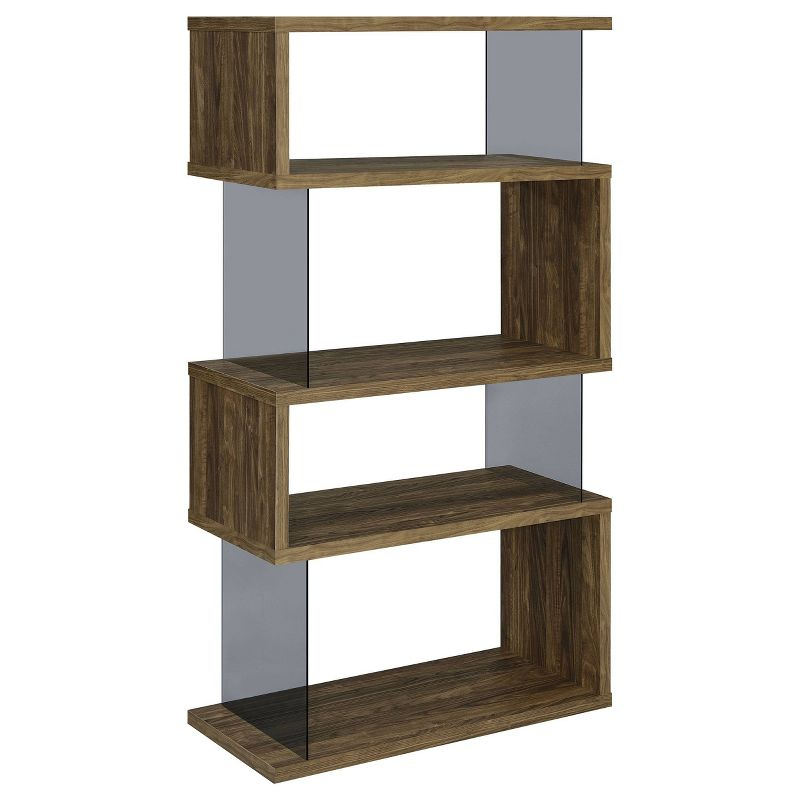 63" Emelle 4 Shelf Zig Zag Bookcase with Glass Panels Walnut - Coaster: Modern Laminated Storage Display