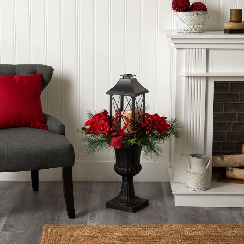 Nearly Natural 33-in Holiday Christmas Berries and Poinsettia with Large Lantern and Included LED Candle Set in a Decorative Urn Porch Decor