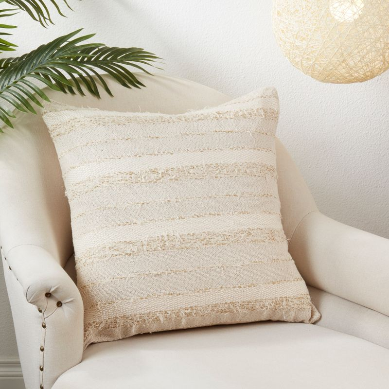 Saro Lifestyle Fringe Stripe Design Throw Pillow With Poly Filling, Ivory, Ivory, 22" x 22"