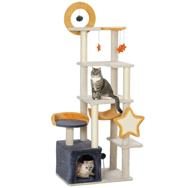 PawHut Cat Tree, 63 Inch Moon and Star Themed Cat Tower with Scratching Post, Hammock, Condo, Bed, Scratching Board & Cat Toys, Beige