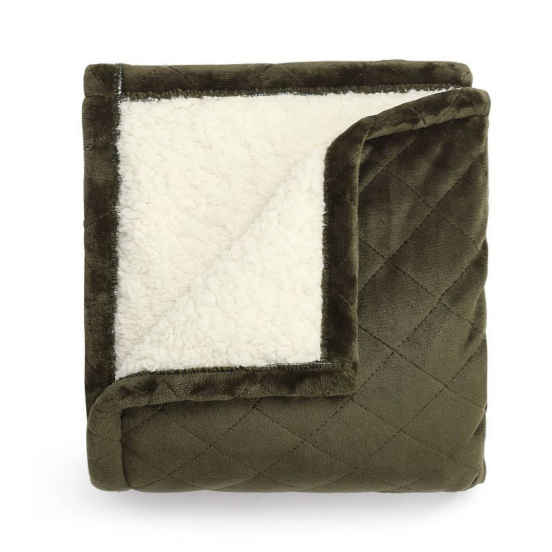 Sunbeam 50" x 60" Quilted Nordic Velvet Reverse Shearling Heated Throw Electric Blanket Olive: Lightweight, Machine Washable
