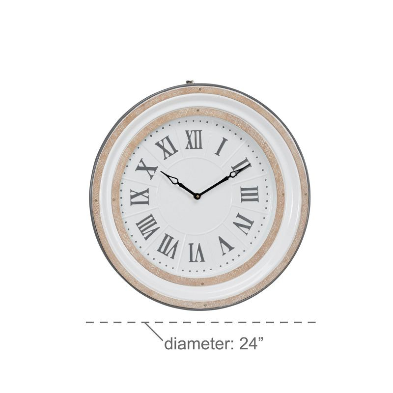 Farmhouse Metal Vintage Wall Clock White - Olivia & May: Silent Mechanism, 24" Size, Round Shape