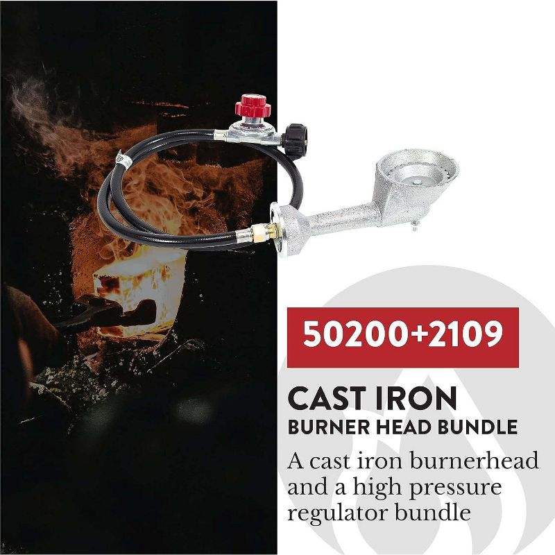 GasOne High Pressure Cast-Iron Round Burner Head with Brass Fitting O, Regulator & Hose, 50200+2109