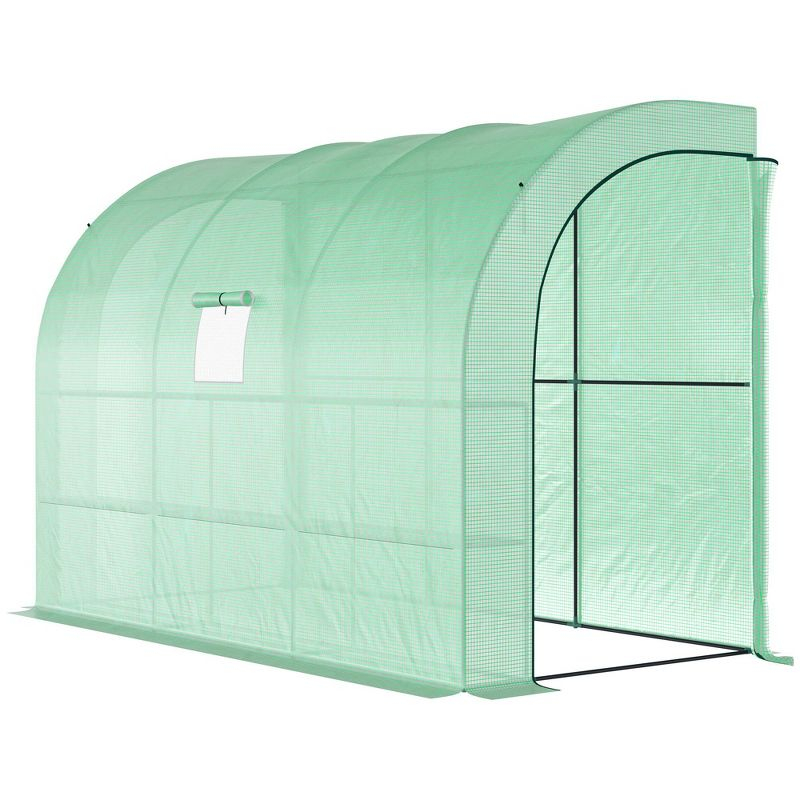 Outsunny 118" x 59" x 83.75" Outdoor Walk-In Greenhouse, Plant Nursery with Roll-up Window, PE Cover, and 3-Tier Wire Shelves, Green