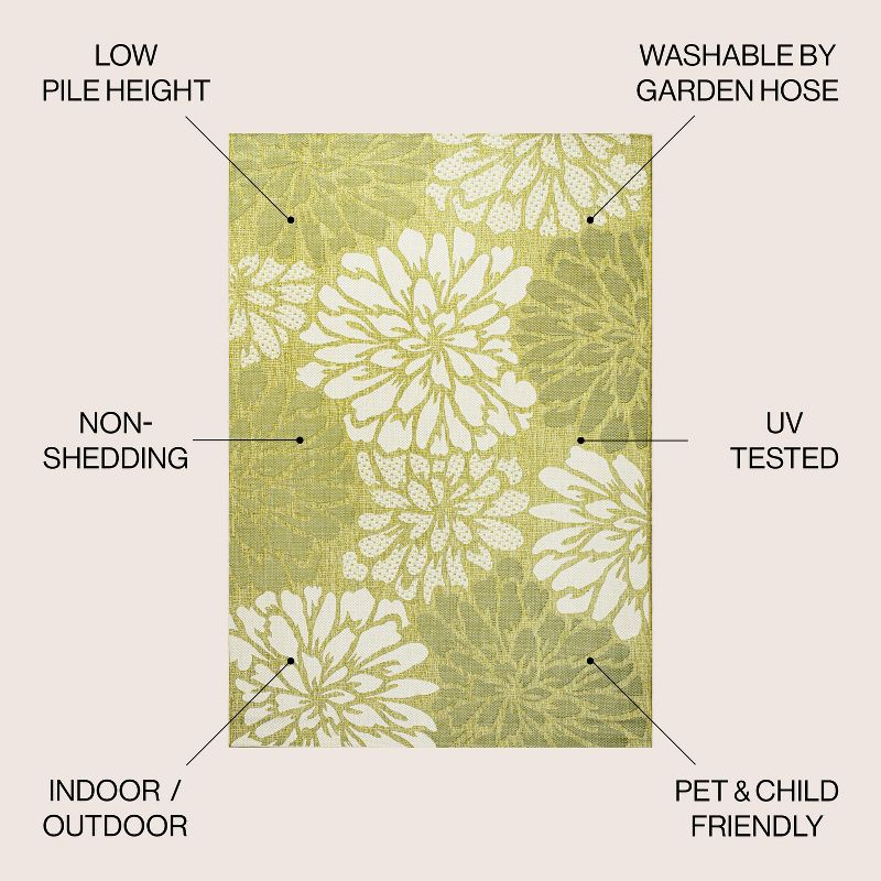5' x 5' Zinnia Modern Floral Textured Weave Indoor/Outdoor Area Rug, Green/Cream - JONATHAN Y