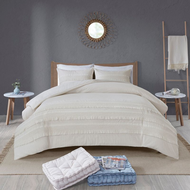 Madison Park Roselle King/California King 3pc Cotton Seersucker Duvet Cover Set Ivory: Lightweight Fabric, OEKO-TEX Certified