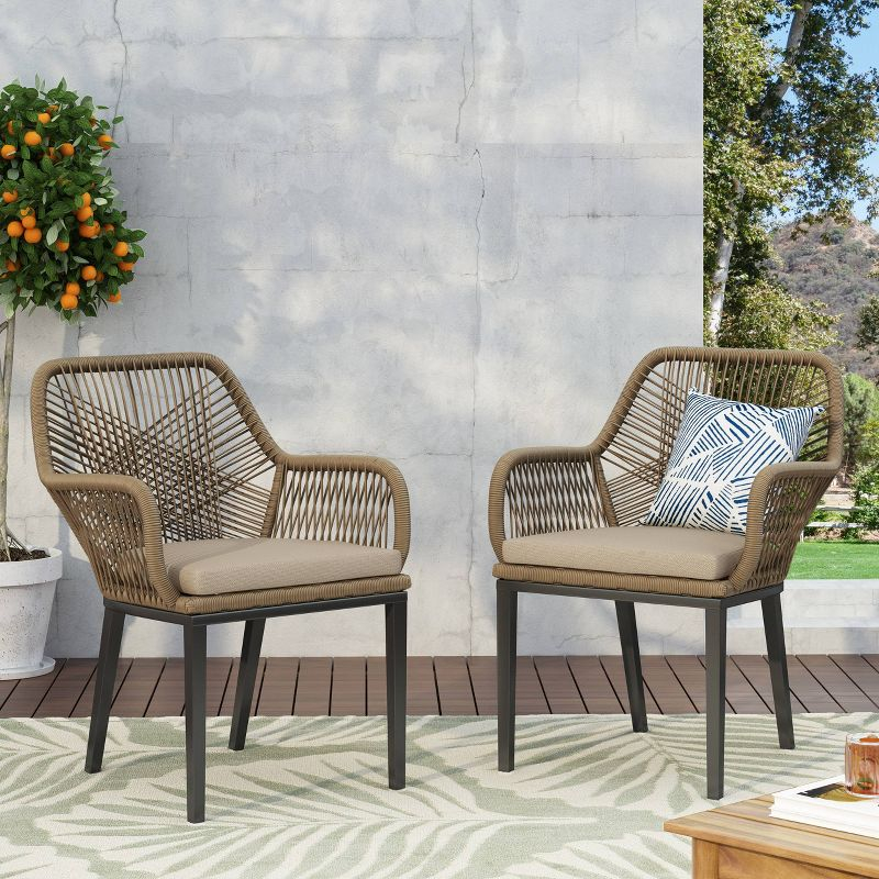 2pk Russel Outdoor Wicker Dining Chairs with Cushions Light Brown/Beige - Christopher Knight Home: Weather-Resistant Iron Frame