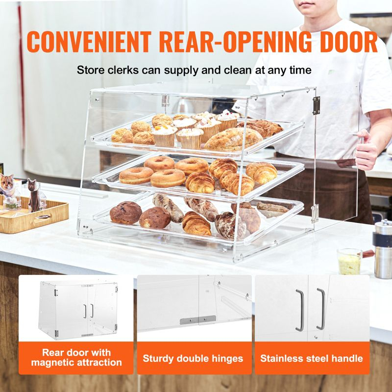 VEVOR Pastry Display Case, 3-Tier Commercial Countertop Bakery Display Case, Acrylic Display Box with Rear Door Access ,20.7"x14.2"x16.3"