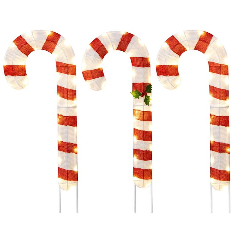 Costway 3 PCS Pre-Lit Candy Canes 31.5"H Xmas Yard Signs with 75 LED Lights Zip Ties
