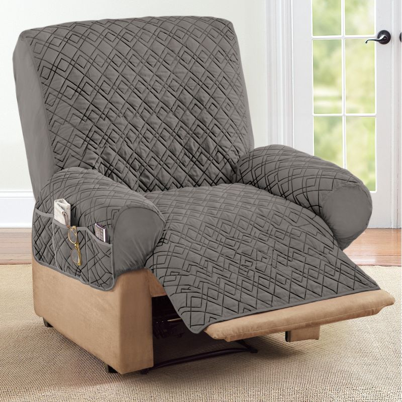 Collections Etc Diamond Quilted Stretch Recliner Cover with Storage Recliner Slate Gray