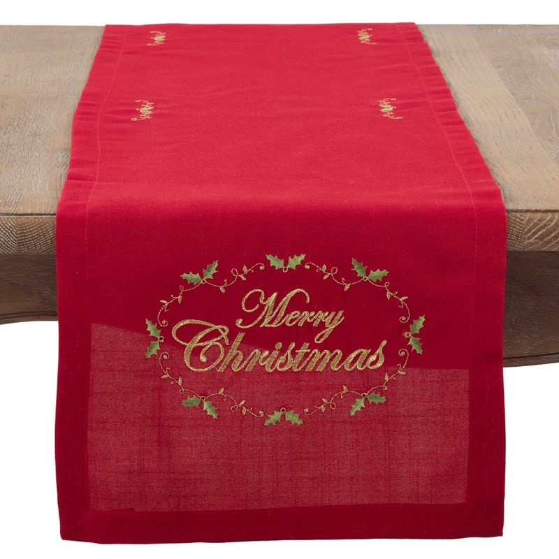 Saro Lifestyle Merry Christmas Embroidered Design Table Runner, 14"x90", Red