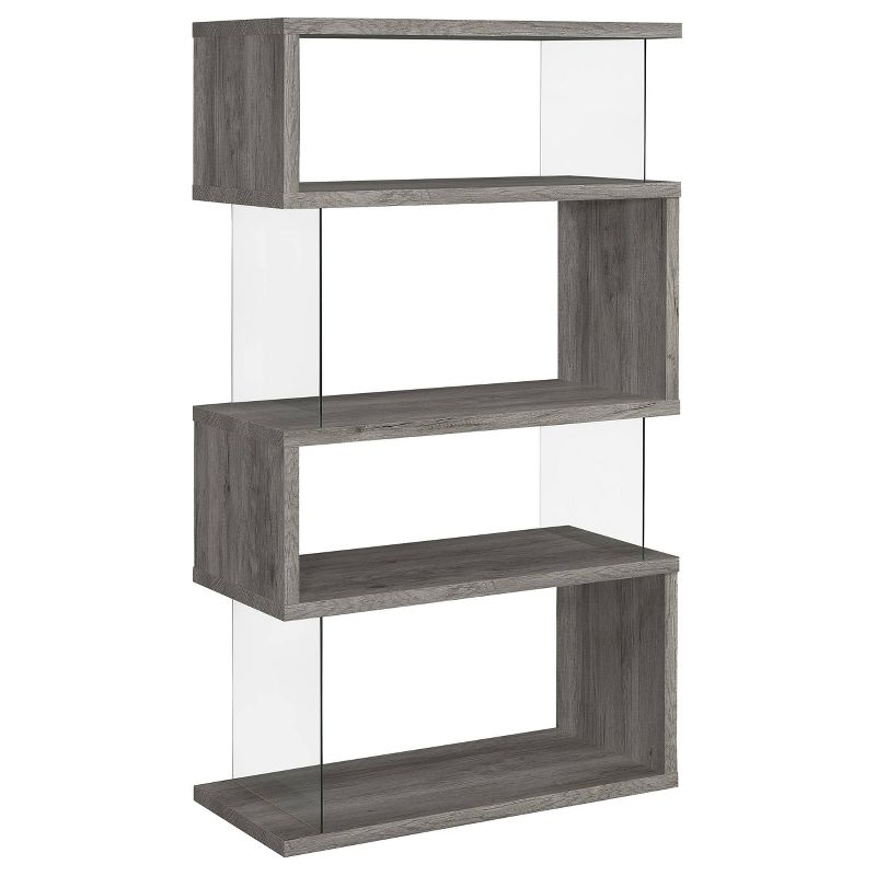 Coaster 63" Emelle 4 Shelf Zig Zag Bookcase with Glass Panels Gray Driftwood: Modern Style, Laminated Melamine Veneer, Metal Hardware