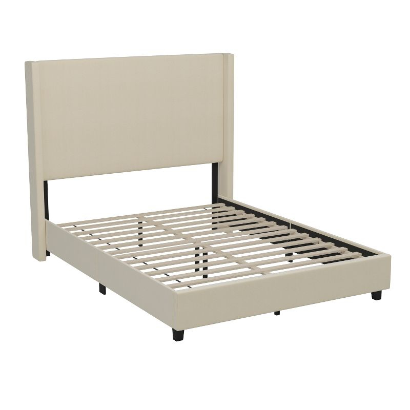 Flash Furniture Quinn Queen Upholstered Platform Bed with Channel Stitched Wingback Headboard, No Box Spring Needed, Beige