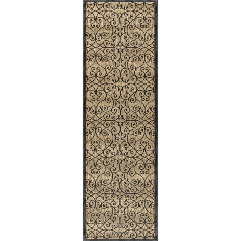 2'x8' Madrid Vintage Filigree Textured Weave Indoor/Outdoor Runner Rug, Black - JONATHAN Y