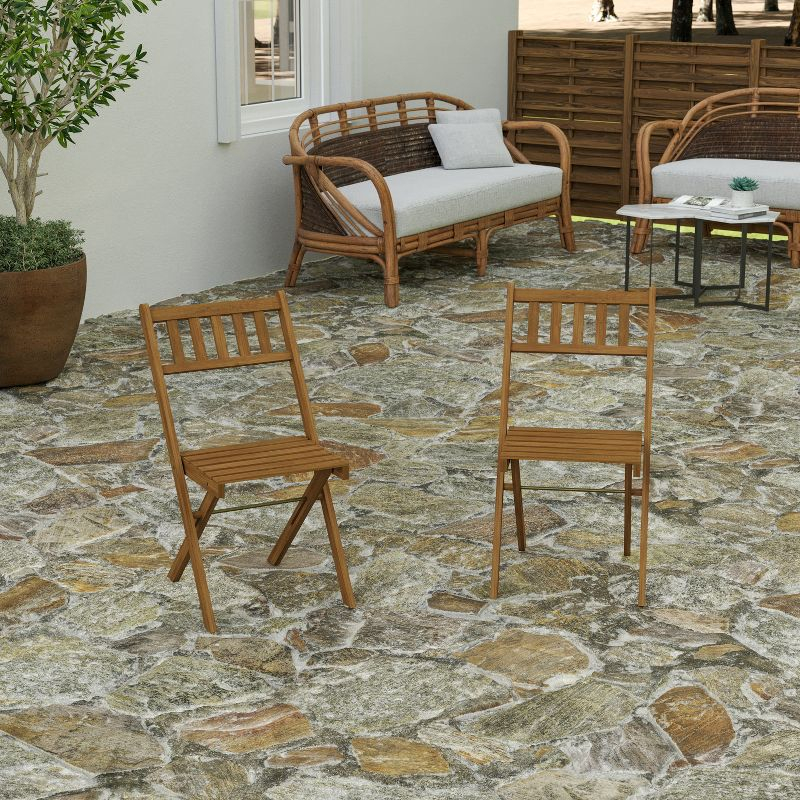 Merrick Lane Set of 2 Solid Acacia Wood Armless Folding Patio Bistro Chairs with Slatted Backs and Seats in Natural Finish