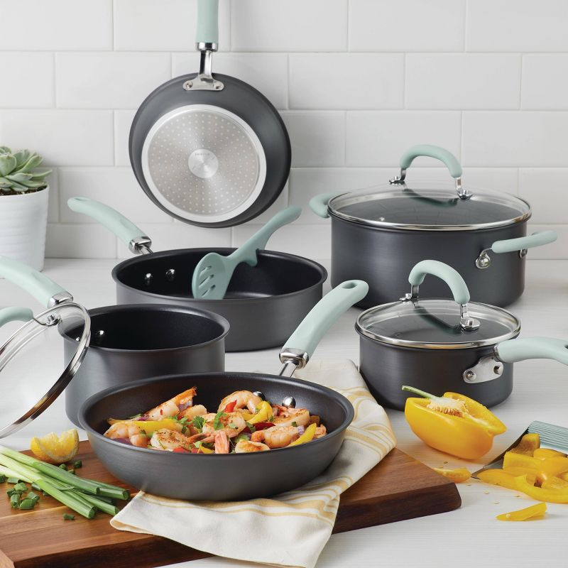 Rachael Ray Create Delicious 11pc Hard Anodized Nonstick Cookware Set Light Blue Handles