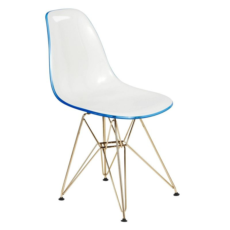LeisureMod 5-Piece Dining Set with 35" Round Dining Table in White Iron Pedestal Base and 4 ABS Plastic Side Chair with Gold Base, White Blue